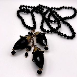 Long Faceted Black Crystal Necklace With Black And Gold Pendant - NEW